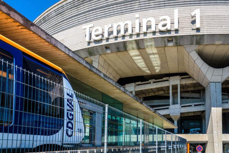 Close-up view of a CDGVAL airport shuttle stationing at the terminus station at the foot of the Terminal 1 of Paris-Charles de Gaulle Airport.